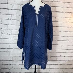 Vineyard Vines Navy Blue Embroidered Burnout Tunic Top Long Sleeved Size Large